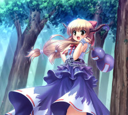 Rule 34 | 1girl, blonde hair, bow, chain, fang, female focus, forest, gourd, hair bow, hand on own hip, holding, horns, ibuki suika, light rays, long hair, nature, open mouth, smile, solo, sunbeam, sunlight, takeponi, touhou, wrist cuffs, yellow eyes