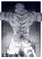 Rule 34 | 1boy, abs, absurdres, animal ears, anus, arknights, ass, back, bara, completely nude, crrispy shark, flaccid, from behind, furry, furry male, highres, large pectorals, male focus, mountain (arknights), muscular, muscular male, nipples, nude, outstretched arms, pectorals, penis, scar, scar across eye, scar on face, short hair, solo, spread arms, stomach, sweat, tail, thick thighs, thighs, tiger boy, tiger ears, tiger tail, white fur