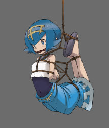 Rule 34 | 1girl, absurdres, arms behind back, blue eyes, blue hair, blue pants, blue sailor collar, chimu xingcheng, cloth gag, commentary request, covered navel, creatures (company), freckles, full body, gag, gagged, game freak, grey background, grey footwear, hairband, highres, improvised gag, lana (pokemon), nintendo, no sclera, official style, one-piece swimsuit, pants, pokemon, pokemon sm, sailor collar, sandals, shibari, shirt, short hair, simple background, sleeveless, solo, suspension, swimsuit, swimsuit under clothes, tearing up, trial captain, yellow hairband