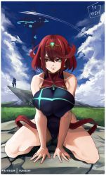 Rule 34 | 1boy, 1girl, breasts, competition swimsuit, highres, large breasts, nintendo, one-piece swimsuit, pyra (pro swimmer) (xenoblade), pyra (xenoblade), red eyes, red hair, rex (xenoblade), swimsuit, xenoblade chronicles (series), xenoblade chronicles 2
