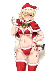 Rule 34 | 1girl, absurdres, alternate costume, bag, bell, blonde hair, blush, breasts, breath, cameltoe, capelet, christmas, cleavage, closed mouth, collarbone, cowbell, fur-trimmed gloves, fur-trimmed headwear, fur-trimmed legwear, fur trim, gloves, green eyes, hammer, hand on own hip, hat, highres, in tree, medium breasts, mizuhashi parsee, navel, ootsuki wataru, over shoulder, pointy ears, red capelet, red gloves, red hat, santa hat, shiny skin, short hair, standing, stomach, sweatdrop, thighhighs, thighs, touhou, transparent background, tree, underwear