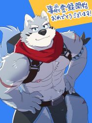 Rule 34 | 1boy, abs, animal ears, bara, bulge, chest belt, cowboy shot, crave saga, dog boy, dog ears, eye black, forked eyebrows, from above, furry, furry male, hakuma (crave saga), hands on own hips, highres, large pectorals, male focus, mato (matomonstera), muscular, muscular male, navel, navel hair, nipples, pectorals, pelvic curtain, red scarf, scar, scar on arm, scar on leg, scarf, short hair, smile, solo, stomach, thick eyebrows, thick thighs, thighs, topless male, translation request