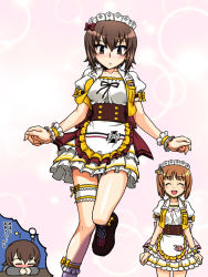 Rule 34 | 10s, 2girls, :d, alternate costume, anglerfish, anklet, apron, black footwear, blouse, blush, boko (girls und panzer), bow, bridal garter, brown eyes, brown hair, closed eyes, coco&#039;s, commentary request, dreaming, emblem, fish, frilled skirt, frills, full body, girls und panzer, hair bow, hair ornament, imagining, jacket, jewelry, kuromorimine (emblem), layered skirt, leg up, light frown, looking at another, looking at viewer, maid headdress, millipen (medium), miniskirt, multiple girls, nishizumi maho, nishizumi miho, oosaka kanagawa, open mouth, pink background, pleated skirt, puffy short sleeves, puffy sleeves, shirt, shoes, short hair, short sleeves, siblings, sisters, sitting, skirt, sleeping, smile, standing, standing on one leg, thigh gap, thought bubble, traditional media, waist apron, waitress, white shirt, white skirt, wristband, yellow jacket