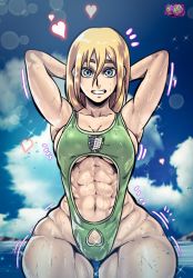 Rule 34 | 1girl, abs, armpit hair, armpits, arms behind head, arms up, blonde hair, blue eyes, breasts, cleavage, d-art, female focus, krista lenz, looking at viewer, muscular, muscular female, one-piece swimsuit, shingeki no kyojin, smile, solo, solo focus, swimsuit, thick thighs, thighs, wide hips