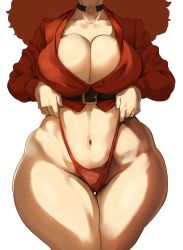 Rule 34 | 1girl, breasts, cleavage, curvy, highres, huge breasts, jujunaught, no pants, panties, powerpuff girls, pulling own clothes, red panties, sara bellum, solo, thick thighs, thighs, underwear, wedgie, wide hips