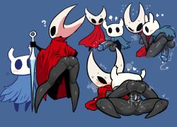 Rule 34 | 1boy, 1girl, ?, ass, blue background, blue cape, blush, brother and sister, cape, cleft of venus, flat chest, half-closed eye, heart, hetero, highres, holding, holding sword, holding weapon, hollow knight, hornet (hollow knight), horns, hug, hug from behind, huge penis, incest, knight (hollow knight), mating press, needle (hollow knight), penis, precum, pussy, pussy juice, rariatto (ganguri), red cape, sex, siblings, simple background, size difference, spread legs, sweat, sword, testicles, uncensored, vaginal, weapon