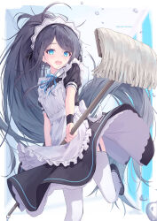 Rule 34 | 1girl, absurdly long hair, absurdres, apron, aris (blue archive), aris (maid) (blue archive), black dress, black footwear, black hair, blue archive, blue eyes, blue ribbon, commentary, daidai (daidai826), dress, frilled apron, frills, garter straps, highres, holding, holding mop, leg up, long hair, maid, maid apron, maid headdress, mop, neck ribbon, open mouth, parted bangs, ponytail, ribbon, short sleeves, solo, standing, standing on one leg, teeth, thighhighs, upper teeth only, very long hair, white apron, white thighhighs, wrist cuffs