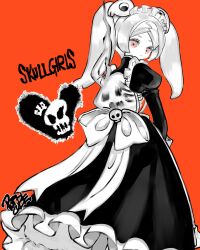 Rule 34 | 1girl, apron, bloody marie (skullgirls), copyright name, dotcube, dress, frilled apron, frilled dress, frills, from behind, grey hair, greyscale, hair ornament, highres, juliet sleeves, long sleeves, looking at viewer, looking back, maid headdress, monochrome, orange background, puffy sleeves, ribs, skeleton, skull hair ornament, skullgirls, solo, spot color, twintails