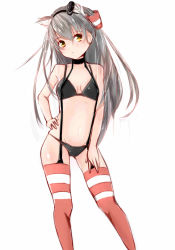 Rule 34 | 10s, 1girl, amatsukaze (kancolle), animal ears, bikini, black bikini, cat ears, gin00, hair tubes, highres, kantai collection, long hair, red thighhighs, silver hair, solo, striped clothes, striped thighhighs, swimsuit, thighhighs, yellow eyes