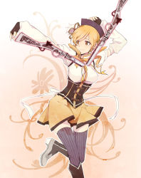 Rule 34 | 10s, 1girl, beret, blonde hair, boots, breasts, brown thighhighs, detached sleeves, drill hair, fingerless gloves, gloves, gradient background, gun, hair ornament, hairpin, hat, heke, highres, large breasts, light smile, magical girl, magical musket, mahou shoujo madoka magica, mahou shoujo madoka magica (anime), pleated skirt, puffy sleeves, ribbon, rifle, skindentation, skirt, solo, standing, standing on one leg, striped clothes, striped thighhighs, thighhighs, tomoe mami, twin drills, twintails, vertical-striped clothes, vertical-striped thighhighs, weapon, yellow eyes, zettai ryouiki