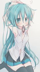 Rule 34 | 1girl, absurdres, alternate hairstyle, arm behind head, armpits, arms up, bare arms, bare shoulders, black skirt, black thighhighs, blush, closed mouth, collared shirt, dress shirt, grey background, grey shirt, hair between eyes, hatsune miku, highres, hitode, mouth hold, no detached sleeves, pleated skirt, ponytail, seiza, shirt, sitting, skirt, sleeveless, sleeveless shirt, solo, thighhighs, tying hair, vocaloid