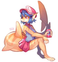 Rule 34 | 1girl, absurdres, animal ears, animal feet, bare arms, bare legs, barefoot, blue shirt, buck teeth, can, closed mouth, fins, fish tail, furry, furry female, head fins, highres, holding, invisible chair, long tail, miniskirt, original, pink headwear, pink skirt, sardine (sui (suizilla)), shark girl, shark tail, sharp teeth, shirt, signature, simple background, sitting, skirt, solo, striped skin, sui (suizilla), tail, teeth, white background