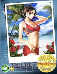 Rule 34 | 1girl, beach, bikini, biohazard team survive, blue eyes, breasts, brown hair, capcom, card, claire redfield, cleavage, collarbone, hand in own hair, midriff, navel, official art, red bikini, resident evil, resident evil 2, smile, swimsuit