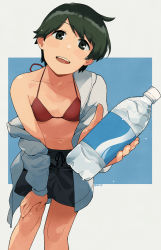 Rule 34 | 1girl, banned artist, bikini, black eyes, black hair, black shorts, bottle, feet out of frame, flat chest, hand on own thigh, jacket, kantai collection, leaning forward, looking at viewer, makio (makiomeigenbot), mogami (kancolle), red bikini, short hair, shorts, solo, swept bangs, swimsuit, white jacket