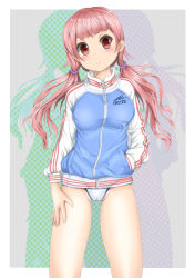 Rule 34 | 1girl, competition swimsuit, highres, jacket, long hair, low twintails, mashinatsu, one-piece swimsuit, original, pink hair, red eyes, reiji-sss, solo, standing, swimsuit, swimsuit under clothes, track jacket, twintails