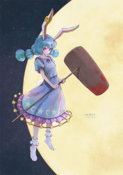 Rule 34 | 1girl, ambiguous red liquid, animal ears, blood, bloody weapon, blue dress, blue hair, bow, bowtie, character name, crescent, dress, earclip, highres, long hair, looking at viewer, mallet, moon, rabbit ears, rabbit tail, red bow, red eyes, red ribbon, ribbon, satyuas, seiran (touhou), sky, solo, star (sky), star (symbol), starry sky, tail, touhou, weapon, white footwear