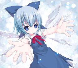 Rule 34 | 1girl, blue eyes, blue hair, bow, cirno, female focus, ice, ice wings, kiira, lowres, matching hair/eyes, outstretched arms, ribbon, short hair, smile, solo, embodiment of scarlet devil, touhou, wings