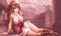 Rule 34 | 1girl, absurdres, ancient greek clothes, architecture, armor, awan0918, blade strangers, blue eyes, breasts, brown footwear, brown hair, cleavage, cowboy western, dress, earrings, gauntlets, gladiator sandals, greco-roman clothes, greek mythology, helen (blade strangers), highres, jewelry, unworn jewelry, large breasts, long hair, looking at viewer, lying, necklace, unworn necklace, on side, open mouth, outdoors, ponytail, roman clothes, sandals, shoulder armor, skull, smile, solo, tagme, thighs, white dress
