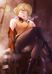 Rule 34 | 1girl, ashley graham, black footwear, black pantyhose, blonde hair, blush, bob cut, boots, breasts, brown jacket, commentary, crossed legs, crotch seam, fine fabric emphasis, frown, green eyes, green skirt, half-closed eyes, highres, indoors, jacket, lens flare, medium breasts, miniskirt, off shoulder, open mouth, orange shirt, panties, panties under pantyhose, pantyhose, pink panties, resident evil, resident evil 4, ribbed shirt, shirt, short hair, shumiao, sitting, skirt, sleeveless, sleeveless turtleneck, solo, sweat, thighband pantyhose, turtleneck, underwear