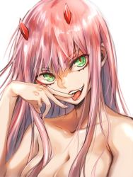 Rule 34 | 10s, 1girl, breasts, collarbone, darling in the franxx, fang, green eyes, herozu (xxhrd), horns, long hair, looking at viewer, medium breasts, nude, open mouth, pink hair, red horns, red pupils, simple background, smile, solo, teeth, tongue, tongue out, upper body, white background, zero two (darling in the franxx)