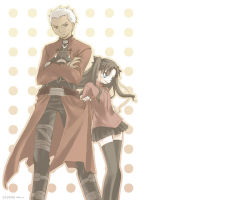 Rule 34 | 00s, 1boy, 1girl, archer (fate), black hair, bow, crossed arms, dark skin, dark-skinned male, fate/stay night, fate (series), hair bow, hand on own hip, height difference, narrowed eyes, riku r, rikux, size difference, tall, thighhighs, tohsaka rin, turtleneck, two side up, white hair