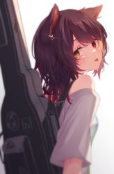 Rule 34 | 1girl, :p, absurdres, bare shoulders, blush, brown hair, double bun, ear piercing, from behind, hair bun, heterochromia, highres, instrument case, instrument on back, inui toko, looking at viewer, looking back, medium hair, nenehotoso, nijisanji, off shoulder, piercing, red eyes, shirt, short sleeves, simple background, solo, tongue, tongue out, upper body, virtual youtuber, white background, white shirt, yellow eyes
