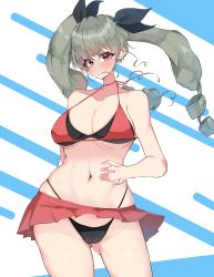 Rule 34 | 1girl, absurdres, anchovy (girls und panzer), bikini, bikini skirt, black bikini, blush, breasts, cleavage, closed mouth, commentary, cowboy shot, drill hair, girls und panzer, green hair, halterneck, highleg, highleg bikini, highres, kshimu, large breasts, layered bikini, light frown, long hair, looking at viewer, navel, red bikini, red eyes, solo, standing, swimsuit, twin drills, twintails, wind