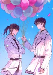 Rule 34 | 2boys, absurdres, bai liu, balloon, black hair, confetti, highres, holding, holding balloon, i became a god in a horror game, looking at another, multiple boys, outdoors, ponytail, tavel, weiyabeya