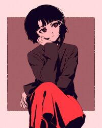 Rule 34 | 1girl, averting eyes, black hair, black sweater, border, brown background, brown eyes, closed mouth, commentary, elbow rest, expressionless, hair ornament, hand on own cheek, hand on own face, head rest, head tilt, high contrast, iwakura lain, light frown, long skirt, long sleeves, looking afar, looking to the side, looking up, moshimoshibe, outside border, red skirt, ringed eyes, serial experiments lain, short hair, sitting, skirt, solo, sweater, white border, x hair ornament
