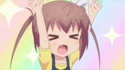 Rule 34 | &gt; &lt;, 1girl, ahoge, animated, animated gif, anime screenshot, bow, brown hair, closed eyes, fang, hair between eyes, hair bow, momochi tamate, open mouth, screencap, skin fang, slow start, solo, twintails