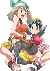 Rule 34 | 2girls, alternate breast size, alternate costume, ass, bag, unworn bag, bandana, bare shoulders, bike shorts, blue eyes, blue hair, blush, breasts, brown hair, cameltoe, covered erect nipples, creatures (company), earrings, fang, flipped hair, game freak, girl on top, groping, hand on own ass, holding, impossible clothes, impossible shirt, jewelry, kris (pokemon), legs, looking at viewer, looking back, may (pokemon), multiple girls, neckerchief, nintendo, nori (akusei shinseibutsu), open mouth, perky breasts, pokegear, pokemon, pokemon adventures, puffy nipples, pussy, shirt, shoes, simple background, skin tight, sleeveless, sleeveless shirt, smile, spread legs, star (symbol), star earrings, sweat, tongue, white background, yellow eyes, yuri