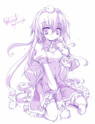 Rule 34 | 1girl, blush, dress, gota nao, gotou nao, long hair, looking at viewer, monochrome, original, puffy short sleeves, puffy sleeves, purple theme, short sleeves, simple background, solo, very long hair, wavy hair, white background