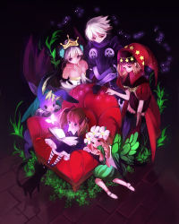 Rule 34 | 1boy, 4girls, alice (odin sphere), armchair, armor, bare shoulders, black cat, blonde hair, blue eyes, bug, butterfly, butterfly wings, cat, chair, cornelius (odin sphere), crown, fairy, flower, gwendolyn (odin sphere), hair flower, hair ornament, highres, hood, insect, insect wings, mercedes (odin sphere), multiple girls, oboro keisuke, odin sphere, oswald, puff and slash sleeves, puffy shorts, puffy sleeves, reading, red eyes, red upholstery, shorts, sitting, socrates (odin sphere), striped legwear, velvet (odin sphere), white hair, wings