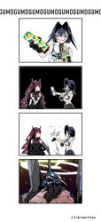 Rule 34 | 2girls, 4koma, blue eyes, blue hair, comic, eating, eva 01, evangelion (mecha), food, hair intakes, halo, highres, hololive, hololive english, horns, irys (hololive), long hair, multicolored hair, multiple girls, neon genesis evangelion, ouro kronii, outstretched arm, parody, pointy ears, purple hair, red hair, short hair, slapping, subway (company), taka t, virtual youtuber
