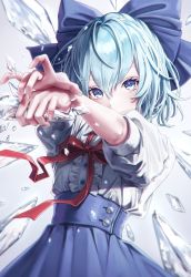 Rule 34 | 1girl, adapted costume, arms up, bloom, blue bow, blue dress, blue eyes, blue hair, bow, center frills, cirno, commentary, covered mouth, cowboy shot, dress, frills, hair between eyes, highres, holding, ice, ice wings, looking at viewer, short hair, simple background, solo, torinari (dtvisu), touhou, white background, wings