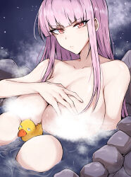 Rule 34 | 1girl, black sky, blunt bangs, blush, breasts, cleavage, highres, hololive, hololive english, large breasts, long hair, looking at viewer, mori calliope, night, night sky, onsen, pink hair, red eyes, rubber duck, sak1 01, sidelocks, sky, solo, star (sky), starry sky, virtual youtuber, water