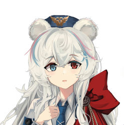 Rule 34 | 1girl, animal ears, arknights, armband, bear ears, blue eyes, blue hair, blue headwear, blue nails, blue necktie, bow, chinese commentary, hair between eyes, heterochromia, highres, jacket, long hair, looking at viewer, mikuning, multicolored hair, nail polish, necktie, open mouth, portrait, red bow, red eyes, red hair, rosa (arknights), simple background, solo, streaked hair, ursus empire logo, white background, white hair, white jacket