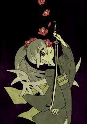 Rule 34 | 10s, 1girl, black background, female focus, flat color, flower, hair flower, hair ornament, japanese clothes, katana, kimono, limited palette, long hair, looking at viewer, mintperil, multicolored hair, plant, ponytail, simple background, solo, sword, tsubakihime (youkai watch), two-tone hair, weapon, youkai watch