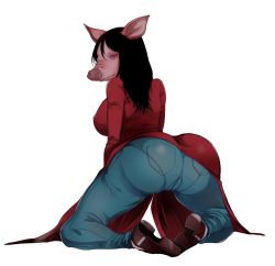 Rule 34 | 1girl, amanda young, ass, ass focus, brown footwear, cameltoe, coat, dead by daylight, denim, dress, from behind, full body, highres, jeans, kneeling, looking back, mask, pants, pants under dress, pantylines, pig head, pig mask, red dress, saw (movie), shoes, simple background, solo, squatting, white background