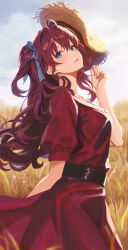 Rule 34 | 1girl, absurdres, ahoge, blush, breasts, dress, hat, highres, holding, holding clothes, holding hat, ichinose shiki, idolmaster, idolmaster cinderella girls, light smile, long hair, looking at viewer, looking to the side, medium breasts, outdoors, purple hair, qingli ye, red dress, solo, straw hat, two side up, unworn hat, unworn headwear, very long hair, wheat field