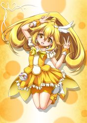Rule 34 | 10s, 1girl, bike shorts, bike shorts under skirt, blonde hair, bow, choker, cure peace, double v, hair flaps, highres, kise yayoi, long hair, magical girl, ponytail, precure, roura, shorts, shorts under skirt, skirt, smile precure!, solo, v, yellow background, yellow bow, yellow eyes, yellow shorts, yellow skirt, yellow theme