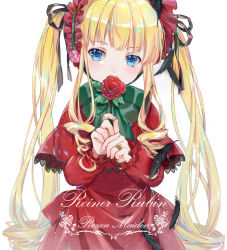 Rule 34 | 1girl, black ribbon, blonde hair, blue eyes, blush, bow, capelet, closed mouth, covered mouth, dress, ekita kuro, flower, flower over mouth, frilled sleeves, frills, green bow, hair ribbon, hands up, headdress, holding, holding flower, jewelry, long hair, long sleeves, looking at viewer, red dress, red flower, red rose, ribbon, ring, ringlets, rose, rozen maiden, shinku, sidelocks, simple background, solo, tsurime, twintails, upper body, very long hair, white background