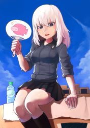 Rule 34 | 10s, 1girl, anglerfish, arm support, bad id, bad pixiv id, black footwear, black skirt, black socks, blue eyes, bottle, cloud, cloudy sky, day, dress shirt, emblem, fish, full body, girls und panzer, grey shirt, hand fan, highres, holding, itsumi erika, loafers, long hair, long sleeves, looking at viewer, military, military vehicle, miniskirt, motor vehicle, outdoors, paper fan, parted lips, pleated skirt, school uniform, shirt, shoes, silver hair, sitting, skirt, sky, sleeves rolled up, socks, solo, sweat, tank, tiger i, toriyama arare, uchiwa, water bottle