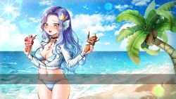 Rule 34 | 1girl, beach, bikini, bikini under clothes, blue hair, blue sky, breasts, cleavage, cloud, cloudy sky, coconut, coconut tree, collared shirt, commentary, commission, cowboy shot, day, english commentary, food, food on body, food on breasts, glint, gradient hair, groin, hair ornament, highres, holding, holding food, horizon, ice cream, lens flare, long hair, medium breasts, menna (0012), multicolored hair, navel, ocean, open mouth, original, outdoors, palm tree, parted bangs, purple hair, round teeth, sand, shirt, sky, soft serve, solo, standing, striped bikini, striped clothes, swimsuit, teeth, tree, upper teeth only, very long hair, water, white shirt, yellow eyes