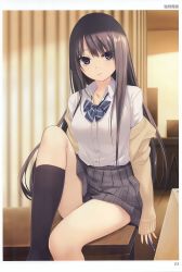 Rule 34 | 1girl, absurdres, artist name, black hair, black socks, blue eyes, blurry, blurry background, bow, breasts, buttons, closed mouth, coffee-kizoku, highres, holding, indoors, knee up, lips, long hair, looking at viewer, medium breasts, off shoulder, open clothes, page number, pencil, scan, school uniform, shiramine rika, shirt, sitting, sleeves past wrists, socks, solo, toranoana