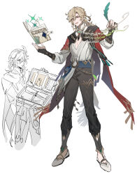 Rule 34 | 1boy, blonde hair, book, briefcase, cape, genshin impact, hair between eyes, highres, holding, holding quill, kaveh (genshin impact), male focus, multiple views, one eye closed, open mouth, pants, quill, red eyes, shoes, simple background, standing, twitter username, ueauwa, vision (genshin impact), white background