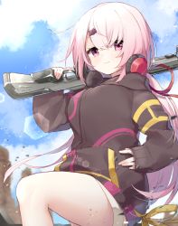 Rule 34 | 1girl, black jacket, blurry, blurry background, breasts, closed mouth, day, depth of field, gun, hair between eyes, hair ornament, hair ribbon, hairclip, hand on own hip, headphones, headphones around neck, highres, holding, holding gun, holding weapon, jacket, ksk (semicha keisuke), long hair, long sleeves, looking at viewer, low ponytail, medium breasts, nijisanji, outdoors, over shoulder, pink hair, ponytail, purple eyes, red ribbon, ribbon, shiina yuika, shiina yuika (2nd costume), short shorts, shorts, sleeves past wrists, smile, solo, thighs, v-shaped eyebrows, very long hair, virtual youtuber, weapon, weapon over shoulder, white shorts