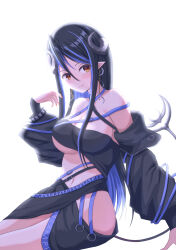 Rule 34 | 1girl, absurdres, bandeau, belt, black bandeau, black belt, black hair, black jacket, black skirt, blue belt, blue hair, blush, breasts, brown eyes, chest belt, cleavage, closed mouth, commentary request, cowboy shot, curled horns, demon girl, demon horns, demon tail, grey horns, hair between eyes, hebiyoi tier, hebiyoi tier (1st costume), highres, hip vent, horns, jacket, large breasts, long hair, long sleeves, looking at viewer, multicolored hair, nanashi inc., natsuki aya, navel, off shoulder, open clothes, open jacket, pointy ears, red nails, sidelocks, simple background, skirt, smile, snake bite, solo, sugar lyric, tail, two-tone hair, underboob, virtual youtuber, white background