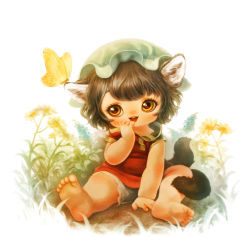 Rule 34 | 1girl, aged down, animal ears, bare legs, barefoot, bloomers, brown hair, bug, butterfly, butterfly on head, cat ears, cat tail, chen, colored pencil (medium), daisy, eyelashes, feet, flower, full body, graphite (medium), grass, hand on own face, hat, insect, legs apart, looking at viewer, mob cap, multiple tails, no pants, open mouth, orange eyes, short hair, short sleeves, simple background, soles, solo, souri, tail, toes, touhou, traditional media, underwear, white background