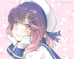 Rule 34 | 1girl, blush, chou2, closed mouth, commentary request, gloves, hair between eyes, hair ornament, hairclip, hat, head rest, heart, kantai collection, looking at viewer, multicolored eyes, multicolored hair, one-hour drawing challenge, pink hair, purple eyes, purple hair, sailor collar, sailor hat, school uniform, serafuku, short hair with long locks, sidelocks, smile, solo, tsushima (kancolle), twitter username, white gloves, yellow eyes